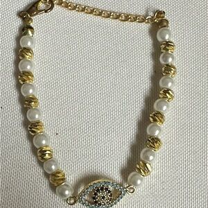 Elegant Gold  Plated and Faux Pearl Evil Eye Bracelet